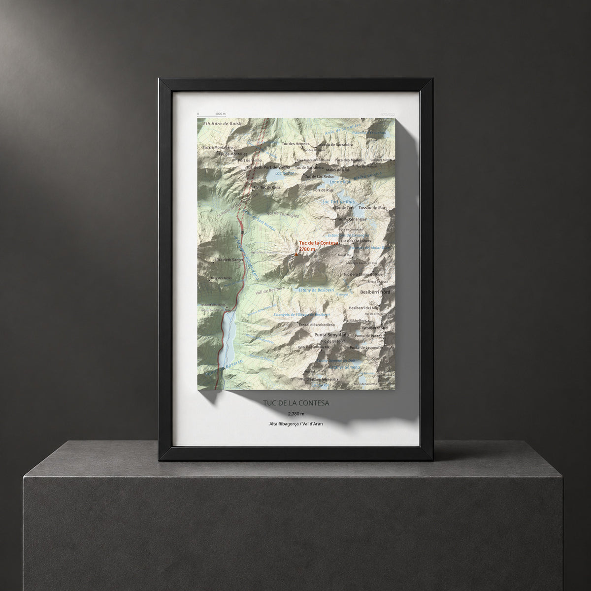Mapa de relieve de Tuc de la Contesa, 2780 m, Alta Ribagorça · Val d'Aran, lámina 100 Cims de Trobart. Presentación enmarcada. 21 × 30 cm.