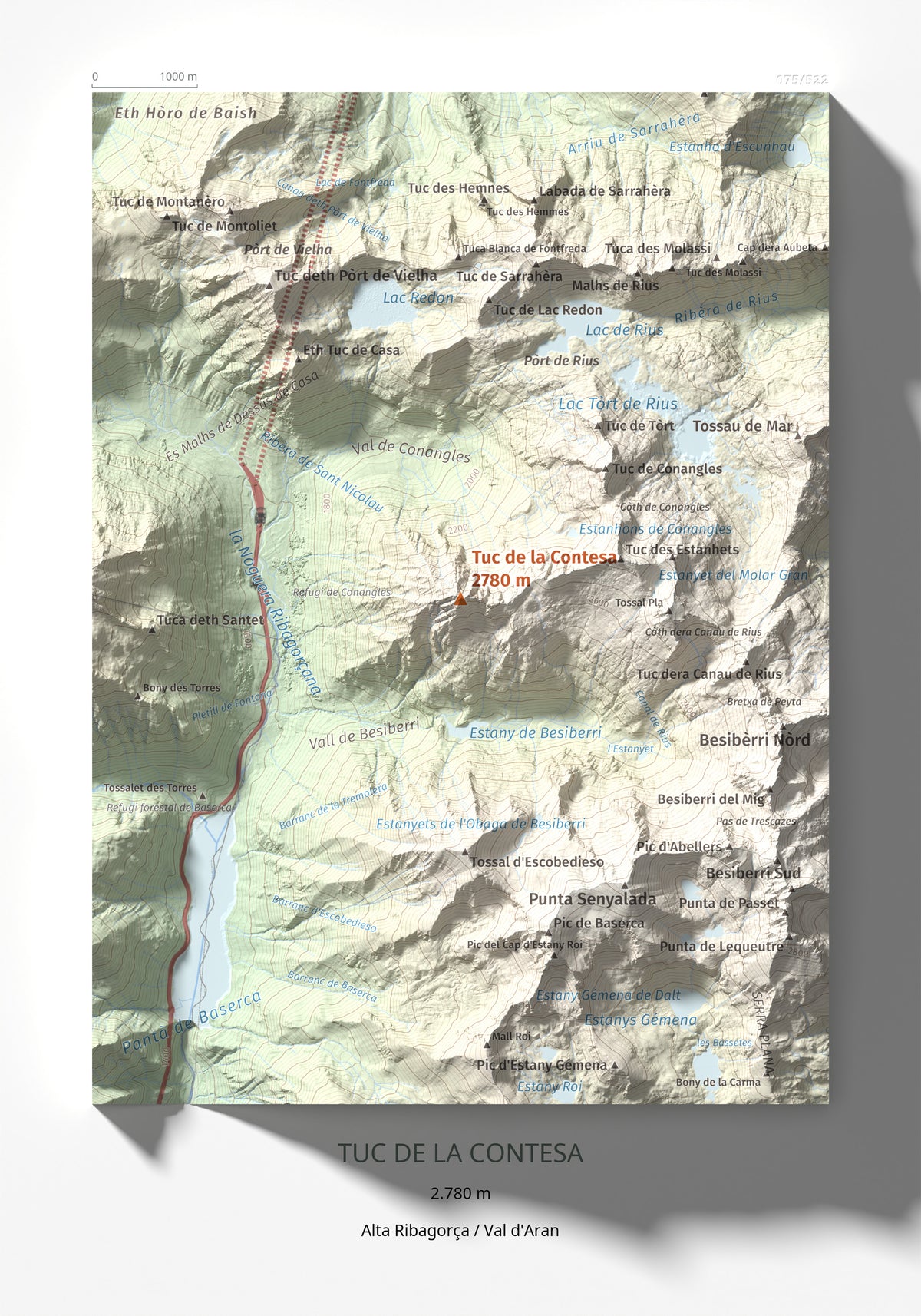 Mapa de relieve de Tuc de la Contesa, 2780 m, Alta Ribagorça · Val d'Aran, lámina 100 Cims de Trobart 21 × 30 cm.
