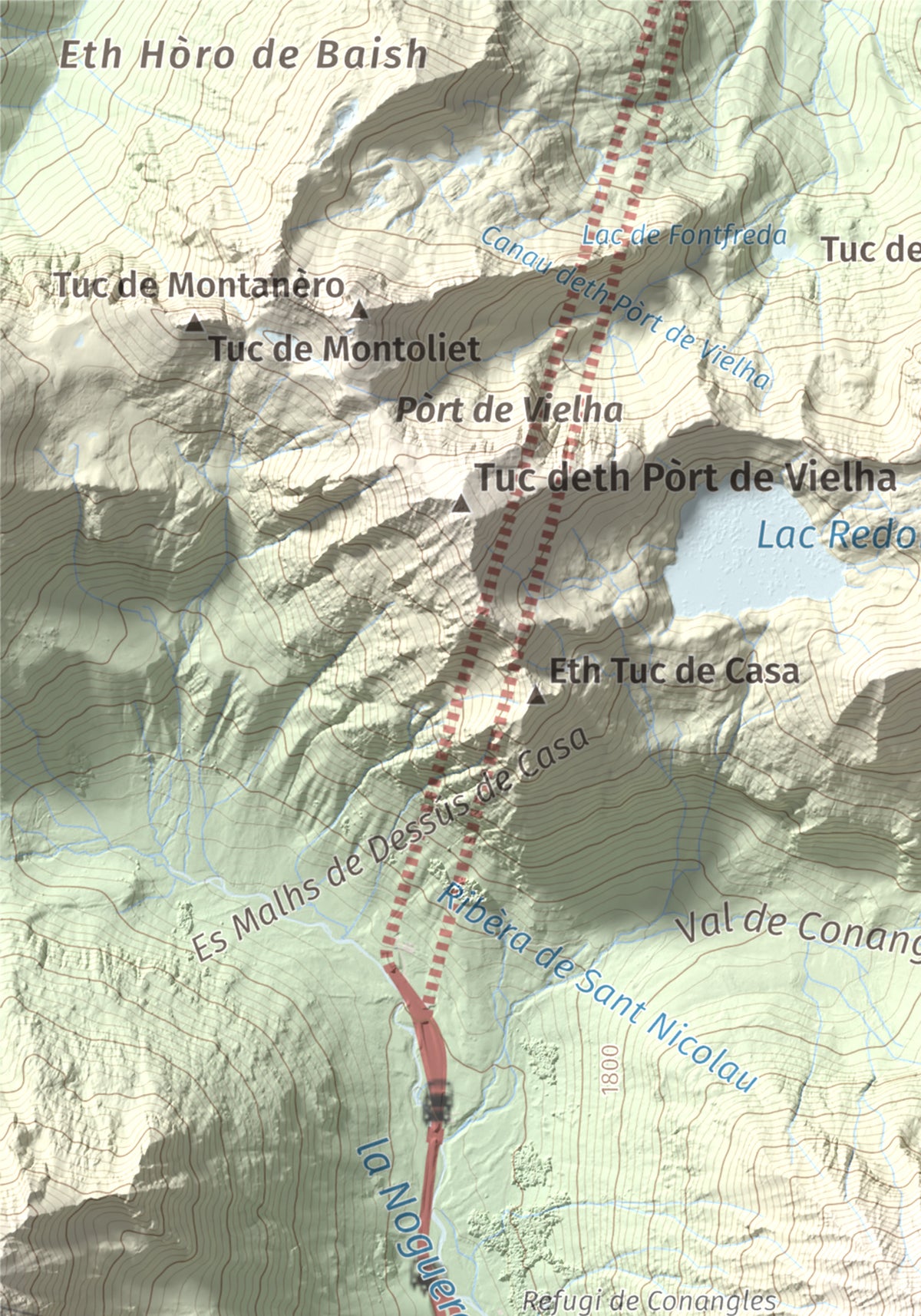 Mapa de relieve de Tuc de la Contesa, 2780 m, Alta Ribagorça · Val d'Aran, lámina 100 Cims de Trobart. Detalle de la zona superior izquierda. 21 × 30 cm.