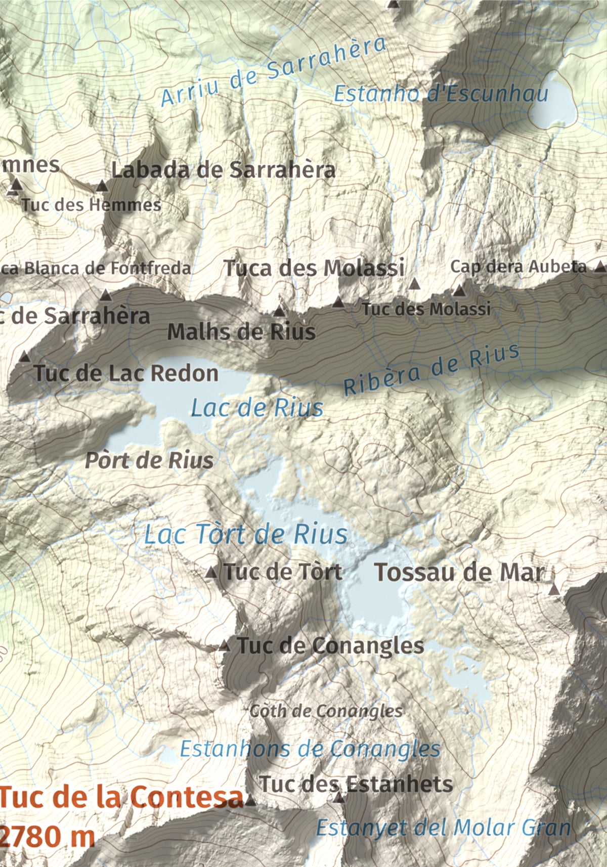 Mapa de relieve de Tuc de la Contesa, 2780 m, Alta Ribagorça · Val d'Aran, lámina 100 Cims de Trobart. Detalle de la zona superior derecha. 21 × 30 cm.