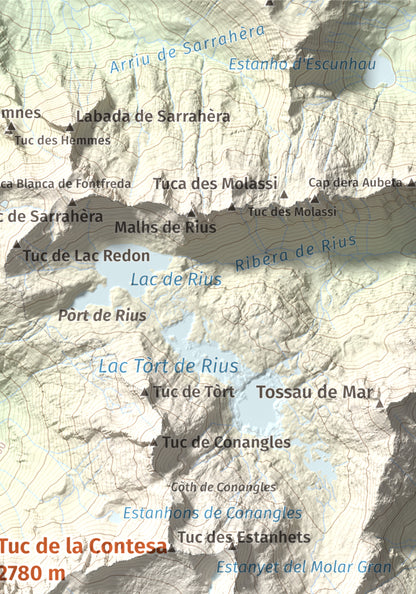 Mapa de relieve de Tuc de la Contesa, 2780 m, Alta Ribagorça · Val d'Aran, lámina 100 Cims de Trobart. Detalle de la zona superior derecha. 21 × 30 cm.