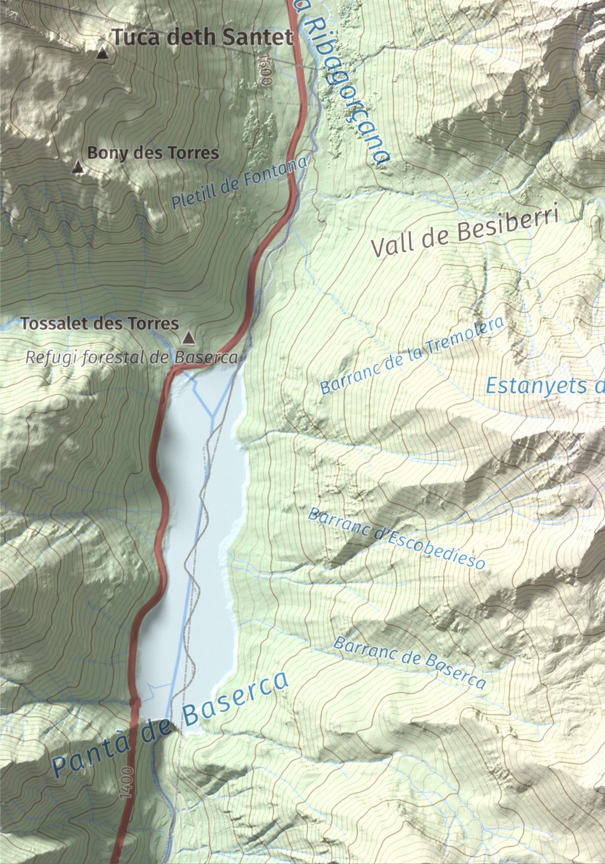Mapa de relieve de Tuc de la Contesa, 2780 m, Alta Ribagorça · Val d'Aran, lámina 100 Cims de Trobart. Detalle de la zona inferior izquierda. 21 × 30 cm.