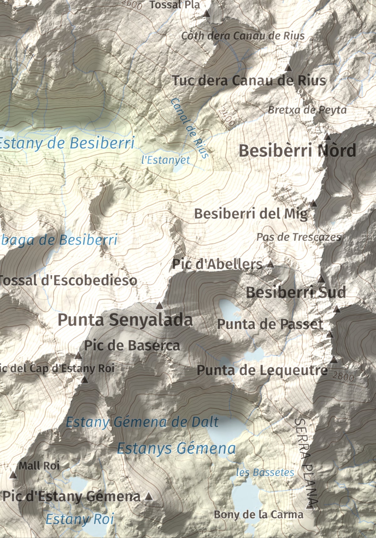 Mapa de relieve de Tuc de la Contesa, 2780 m, Alta Ribagorça · Val d'Aran, lámina 100 Cims de Trobart. Detalle de la zona inferior derecha. 21 × 30 cm.
