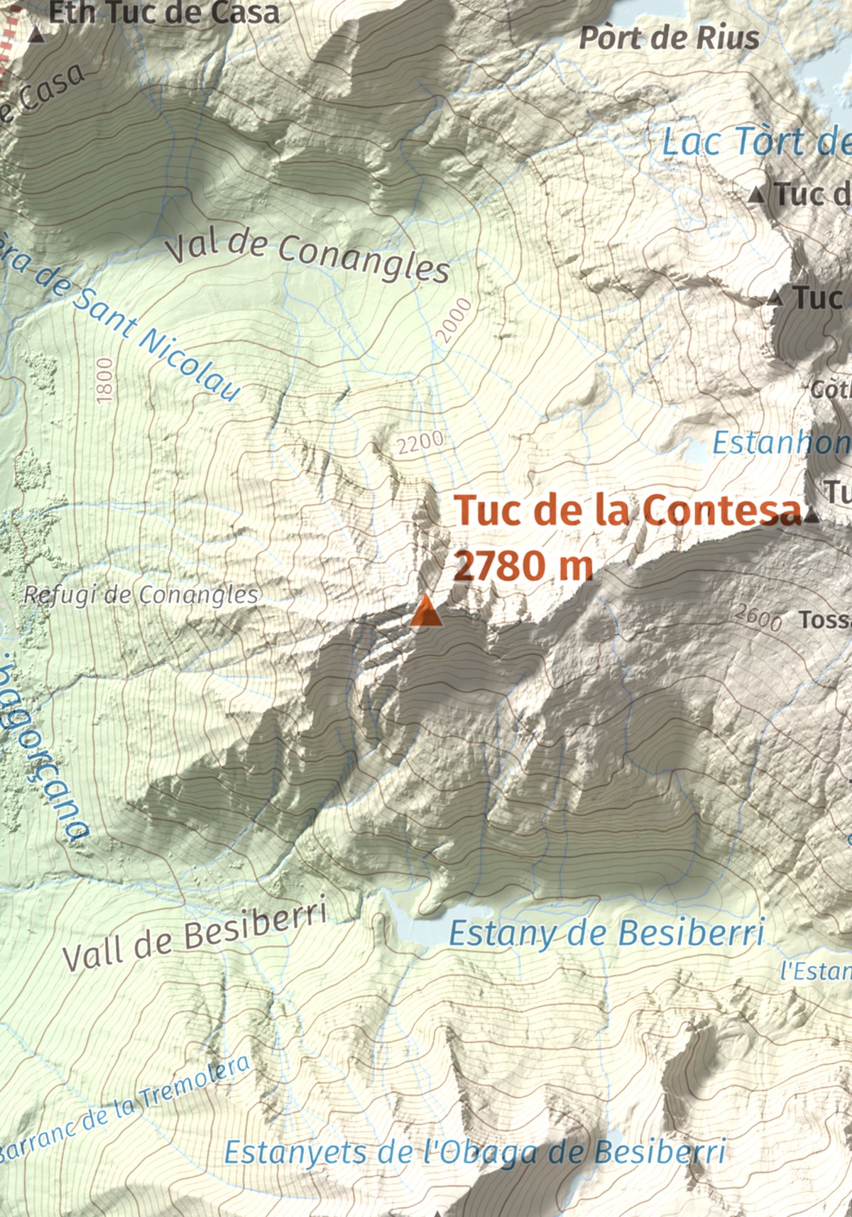 Mapa de relieve de Tuc de la Contesa, 2780 m, Alta Ribagorça · Val d'Aran, lámina 100 Cims de Trobart. Detalle de la zona central. 21 × 30 cm.