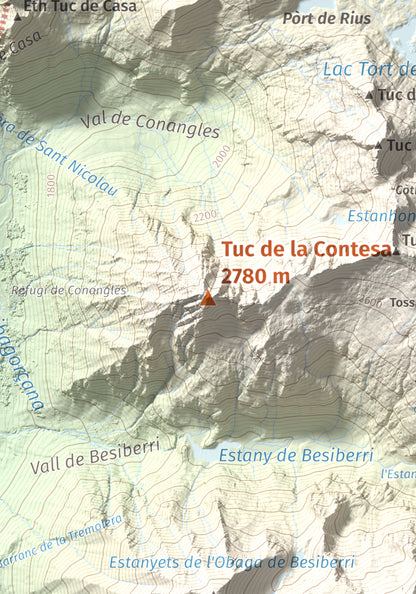 Mapa de relieve de Tuc de la Contesa, 2780 m, Alta Ribagorça · Val d'Aran, lámina 100 Cims de Trobart. Detalle de la zona central. 21 × 30 cm.