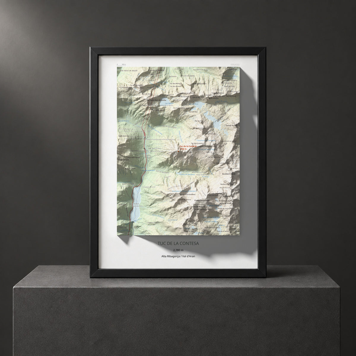 Mapa de relieve de Tuc de la Contesa, 2780 m, Alta Ribagorça · Val d'Aran, lámina 100 Cims de Trobart. Presentación enmarcada. 30 × 40 cm.