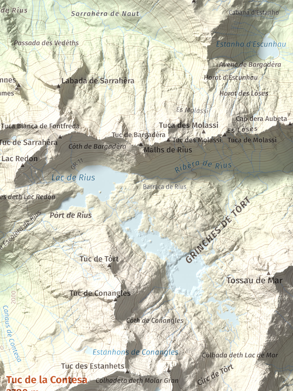 Mapa de relieve de Tuc de la Contesa, 2780 m, Alta Ribagorça · Val d'Aran, lámina 100 Cims de Trobart. Detalle de la zona superior derecha. 30 × 40 cm.