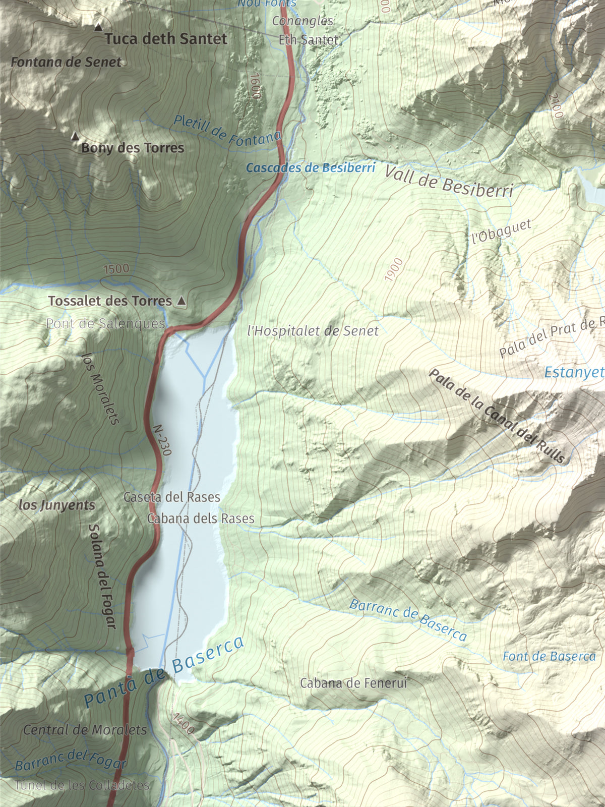 Mapa de relieve de Tuc de la Contesa, 2780 m, Alta Ribagorça · Val d'Aran, lámina 100 Cims de Trobart. Detalle de la zona inferior izquierda. 30 × 40 cm.