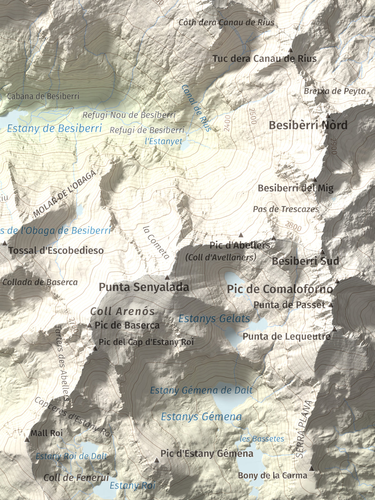 Mapa de relieve de Tuc de la Contesa, 2780 m, Alta Ribagorça · Val d'Aran, lámina 100 Cims de Trobart. Detalle de la zona inferior derecha. 30 × 40 cm.