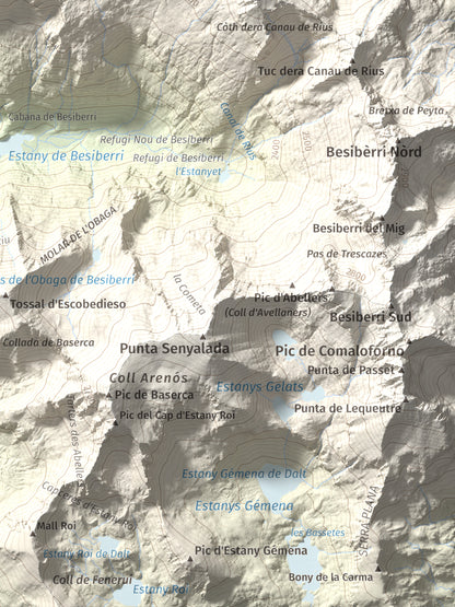 Mapa de relieve de Tuc de la Contesa, 2780 m, Alta Ribagorça · Val d'Aran, lámina 100 Cims de Trobart. Detalle de la zona inferior derecha. 30 × 40 cm.