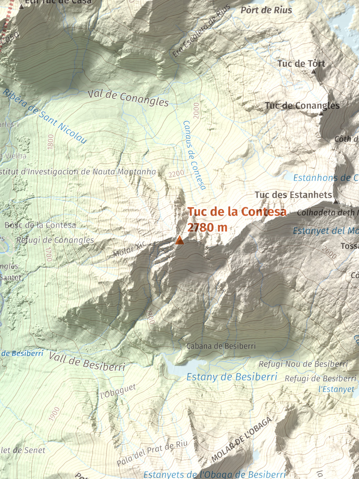 Mapa de relieve de Tuc de la Contesa, 2780 m, Alta Ribagorça · Val d'Aran, lámina 100 Cims de Trobart. Detalle de la zona central. 30 × 40 cm.