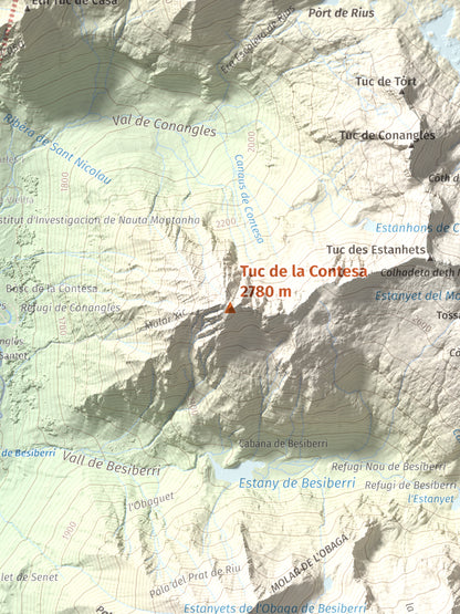Mapa de relieve de Tuc de la Contesa, 2780 m, Alta Ribagorça · Val d'Aran, lámina 100 Cims de Trobart. Detalle de la zona central. 30 × 40 cm.