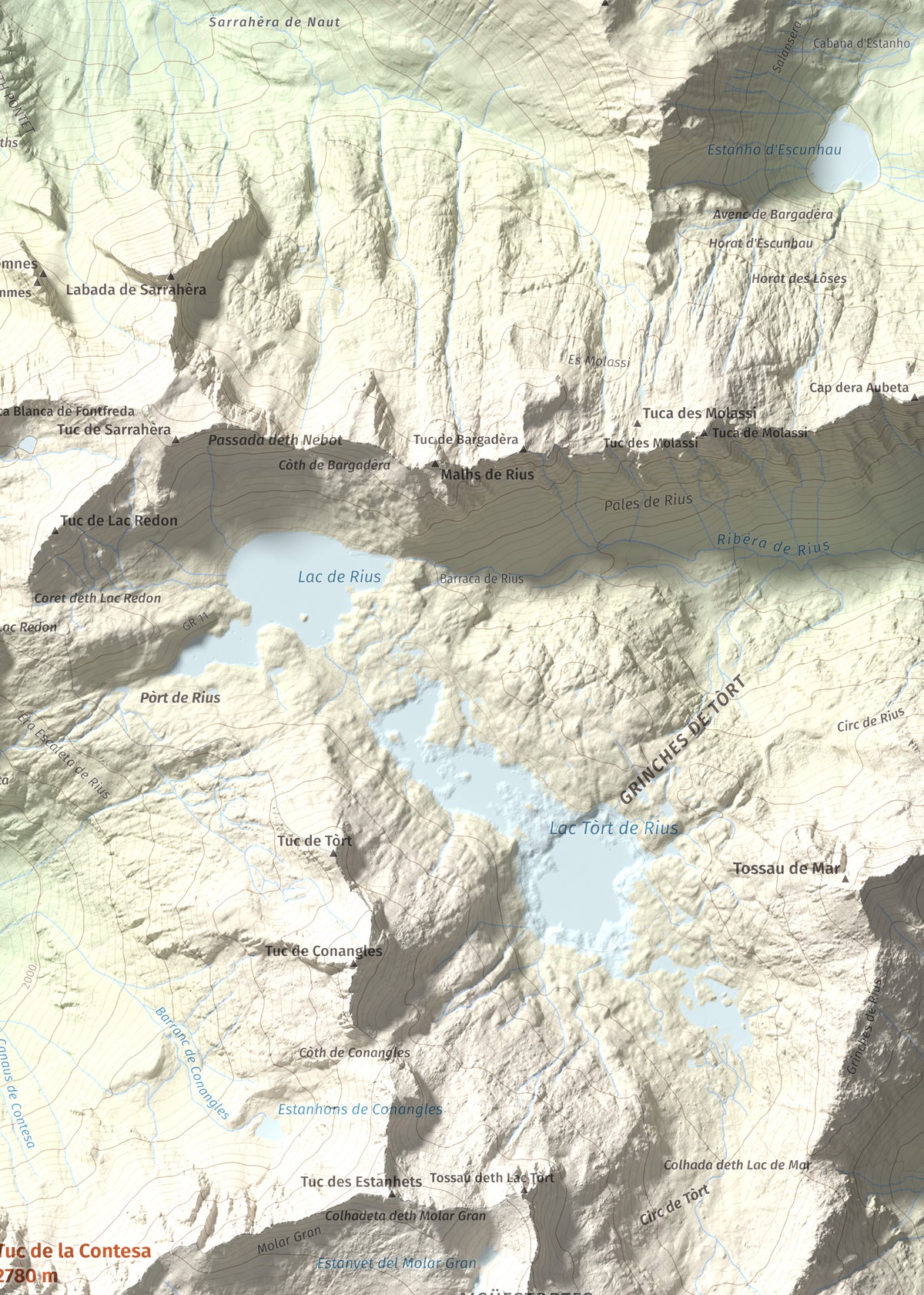 Mapa de relieve de Tuc de la Contesa, 2780 m, Alta Ribagorça · Val d'Aran, lámina 100 Cims de Trobart. Detalle de la zona superior derecha. 50 × 70 cm.