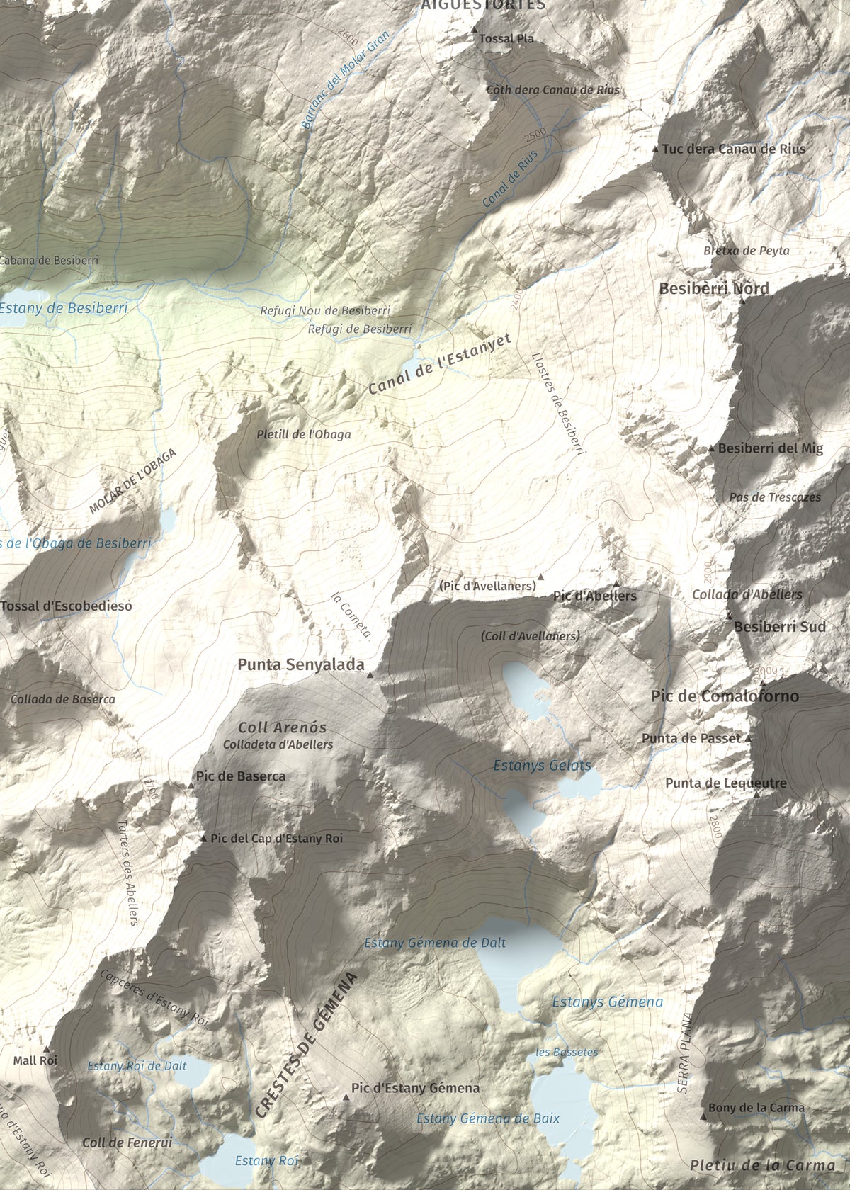 Mapa de relieve de Tuc de la Contesa, 2780 m, Alta Ribagorça · Val d'Aran, lámina 100 Cims de Trobart. Detalle de la zona inferior derecha. 50 × 70 cm.