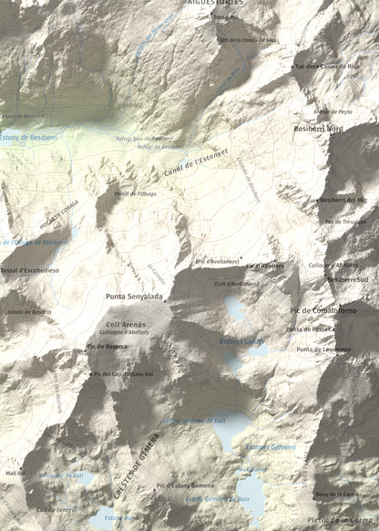 Mapa de relieve de Tuc de la Contesa, 2780 m, Alta Ribagorça · Val d'Aran, lámina 100 Cims de Trobart. Detalle de la zona inferior derecha. 50 × 70 cm.