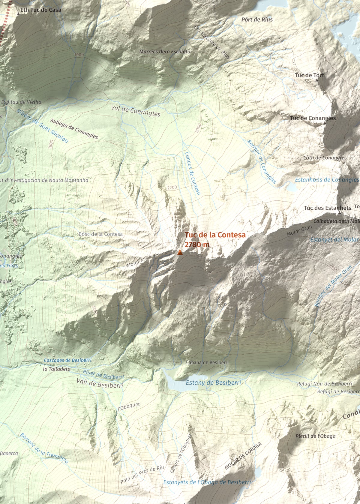 Mapa de relieve de Tuc de la Contesa, 2780 m, Alta Ribagorça · Val d'Aran, lámina 100 Cims de Trobart. Detalle de la zona central. 50 × 70 cm.