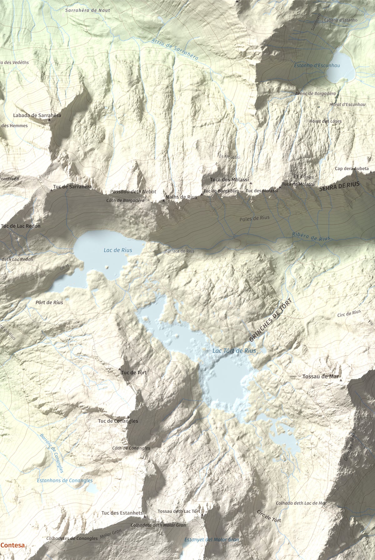 Mapa de relieve de Tuc de la Contesa, 2780 m, Alta Ribagorça · Val d'Aran, lámina 100 Cims de Trobart. Detalle de la zona superior derecha. 61 × 91 cm.