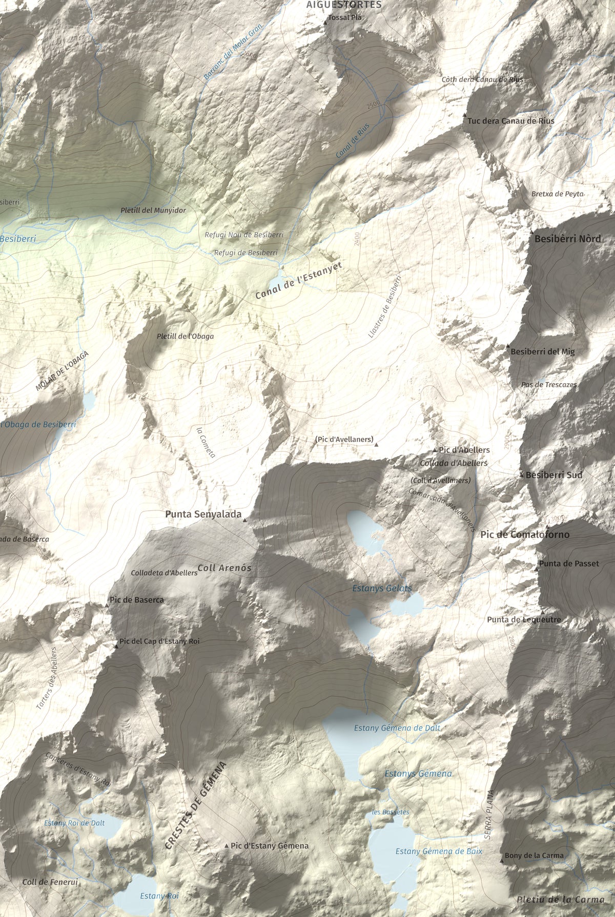 Mapa de relieve de Tuc de la Contesa, 2780 m, Alta Ribagorça · Val d'Aran, lámina 100 Cims de Trobart. Detalle de la zona inferior derecha. 61 × 91 cm.
