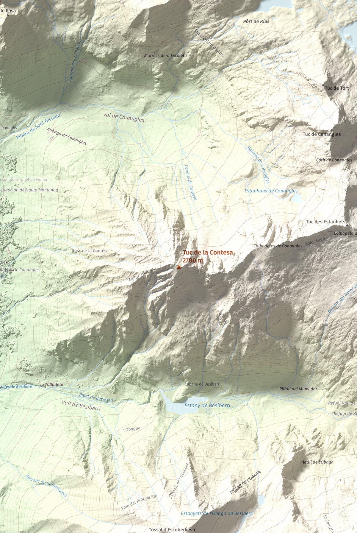 Mapa de relieve de Tuc de la Contesa, 2780 m, Alta Ribagorça · Val d'Aran, lámina 100 Cims de Trobart. Detalle de la zona central. 61 × 91 cm.