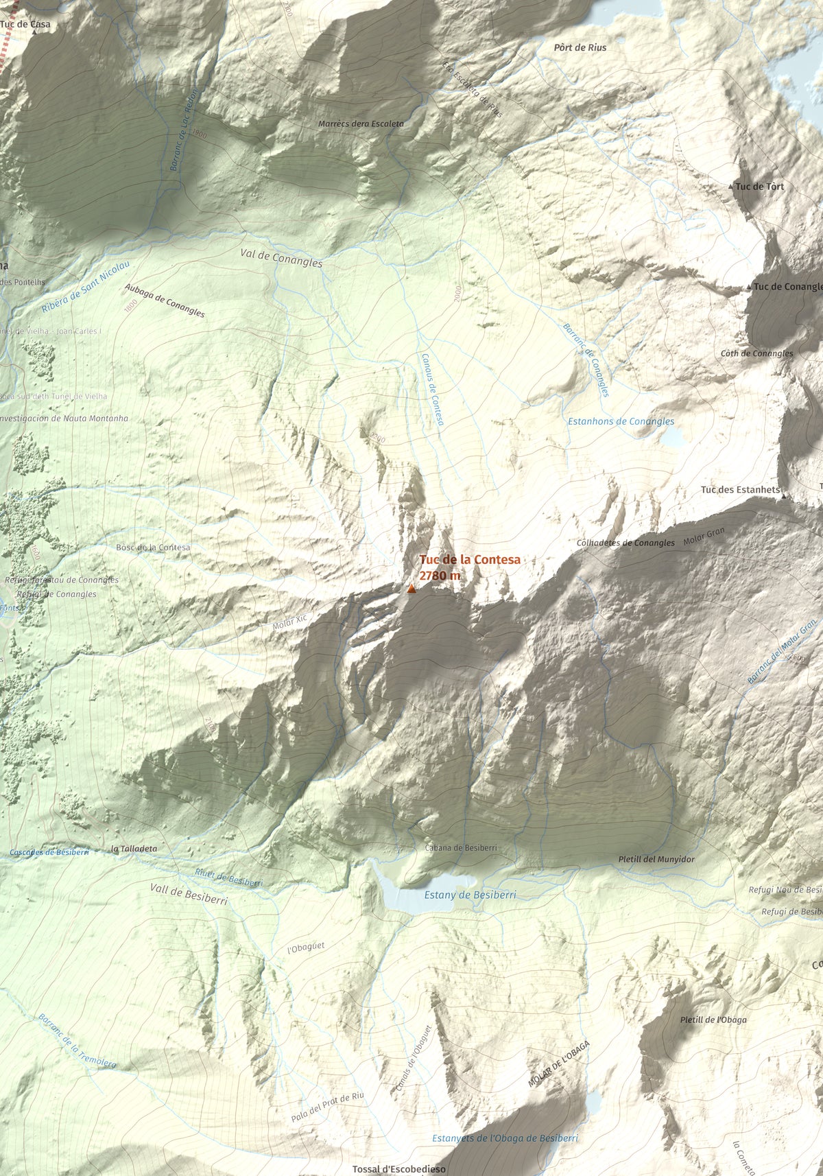 Mapa de relieve de Tuc de la Contesa, 2780 m, Alta Ribagorça · Val d'Aran, lámina 100 Cims de Trobart. Detalle de la zona central. 70 × 100 cm.