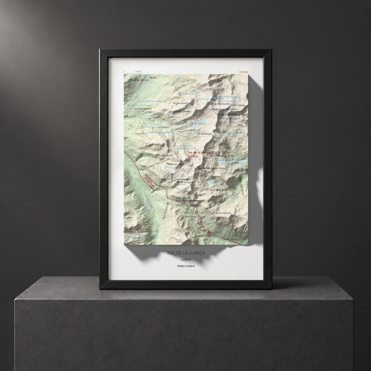 Mapa de relieve de Tuc de la Llança, 2659 m, Pallars Sobirà, lámina 100 Cims de Trobart. Presentación enmarcada. 21 × 30 cm.