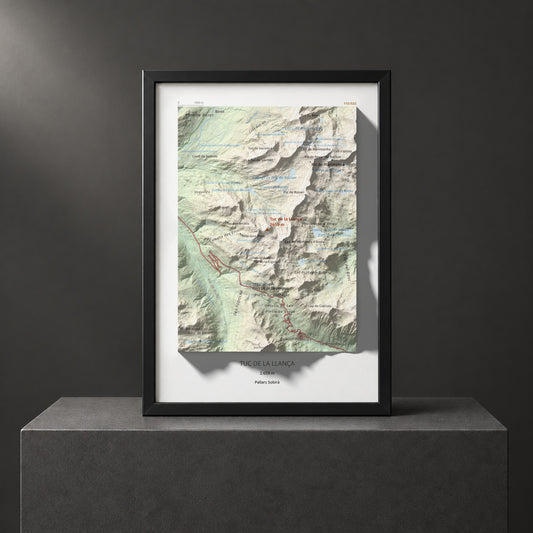 Mapa de relieve de Tuc de la Llança, 2659 m, Pallars Sobirà, lámina 100 Cims de Trobart. Presentación enmarcada. 21 × 30 cm.