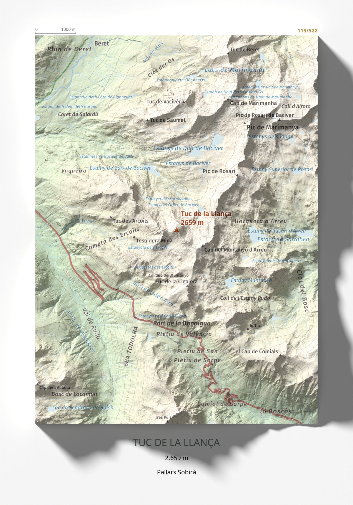 Mapa de relieve de Tuc de la Llança, 2659 m, Pallars Sobirà, lámina 100 Cims de Trobart 21 × 30 cm.