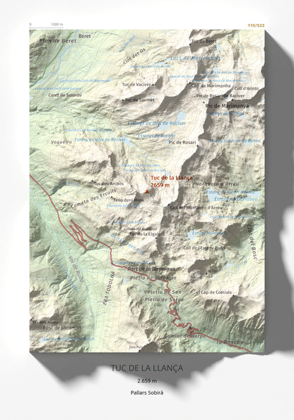 Mapa de relieve de Tuc de la Llança, 2659 m, Pallars Sobirà, lámina 100 Cims de Trobart 21 × 30 cm.
