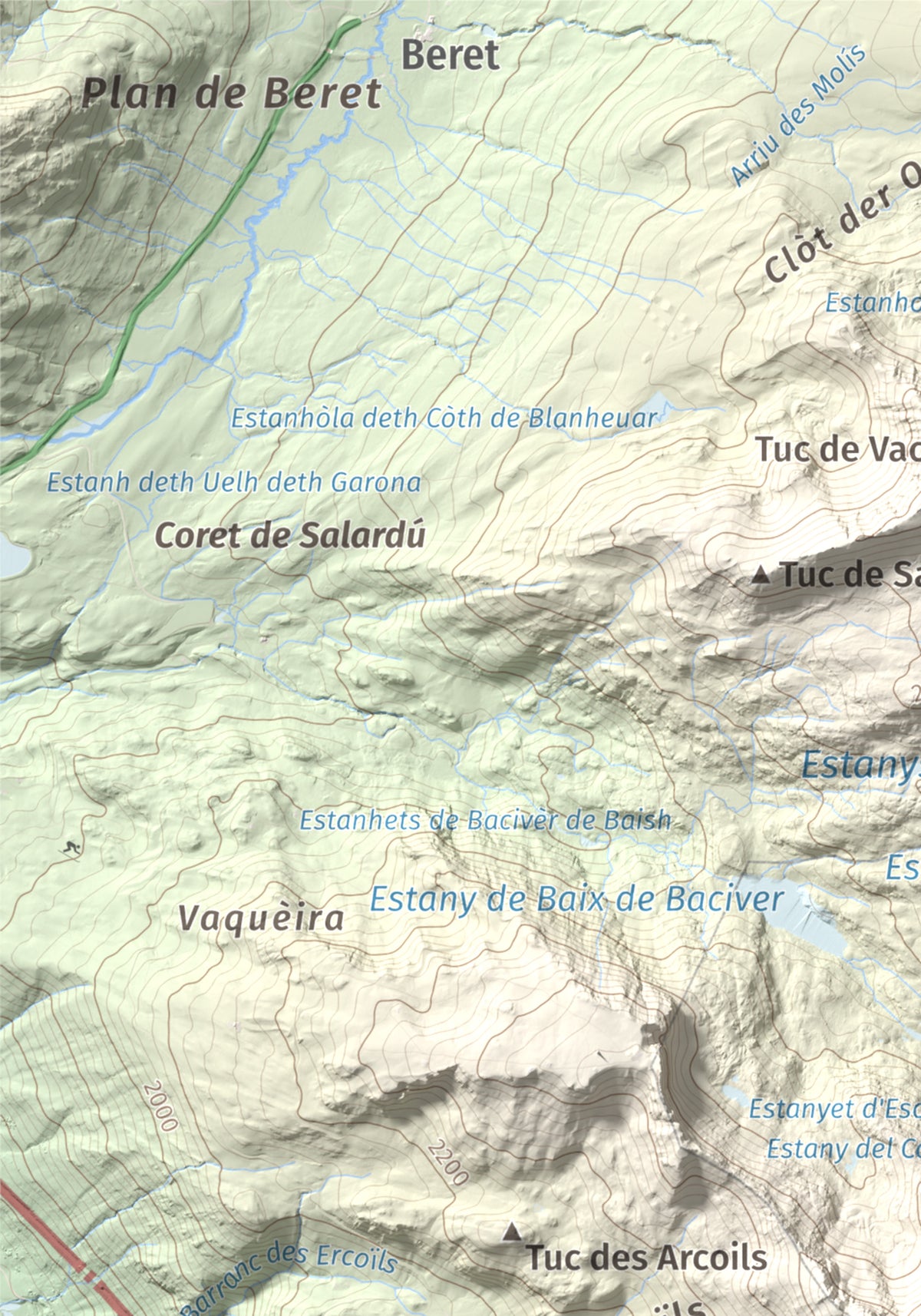 Mapa de relieve de Tuc de la Llança, 2659 m, Pallars Sobirà, lámina 100 Cims de Trobart. Detalle de la zona superior izquierda. 21 × 30 cm.