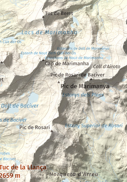 Mapa de relieve de Tuc de la Llança, 2659 m, Pallars Sobirà, lámina 100 Cims de Trobart. Detalle de la zona superior derecha. 21 × 30 cm.