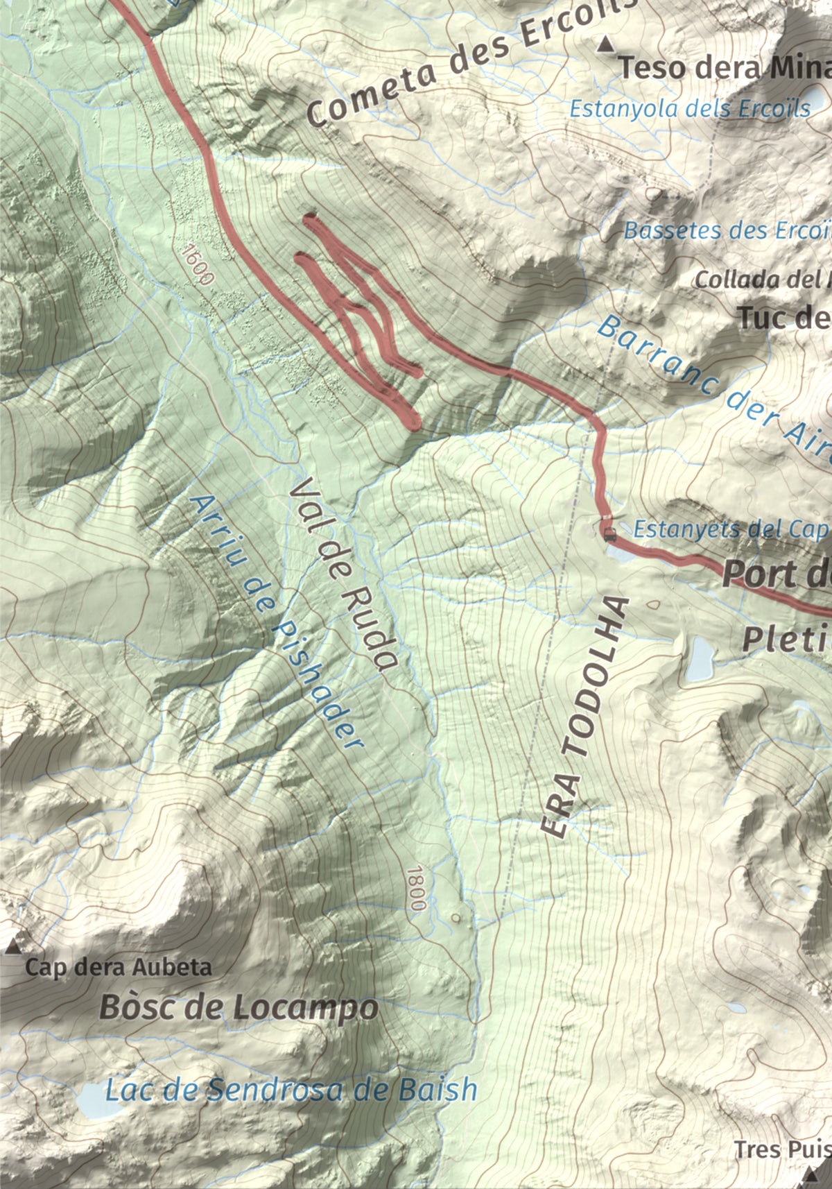 Mapa de relieve de Tuc de la Llança, 2659 m, Pallars Sobirà, lámina 100 Cims de Trobart. Detalle de la zona inferior izquierda. 21 × 30 cm.