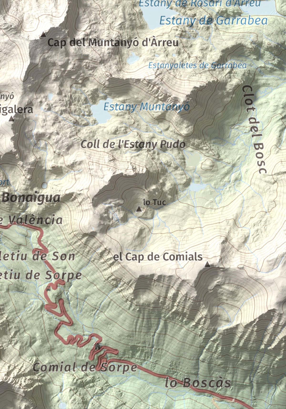 Mapa de relieve de Tuc de la Llança, 2659 m, Pallars Sobirà, lámina 100 Cims de Trobart. Detalle de la zona inferior derecha. 21 × 30 cm.
