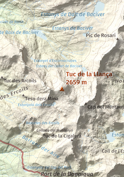 Mapa de relieve de Tuc de la Llança, 2659 m, Pallars Sobirà, lámina 100 Cims de Trobart. Detalle de la zona central. 21 × 30 cm.