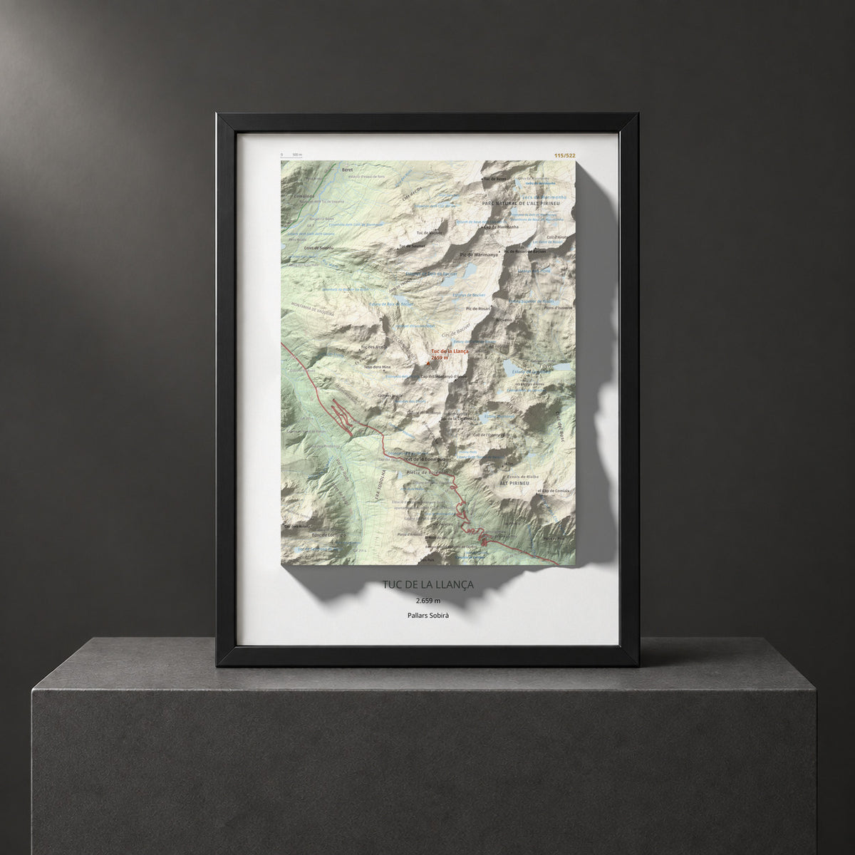 Mapa de relieve de Tuc de la Llança, 2659 m, Pallars Sobirà, lámina 100 Cims de Trobart. Presentación enmarcada. 30 × 40 cm.