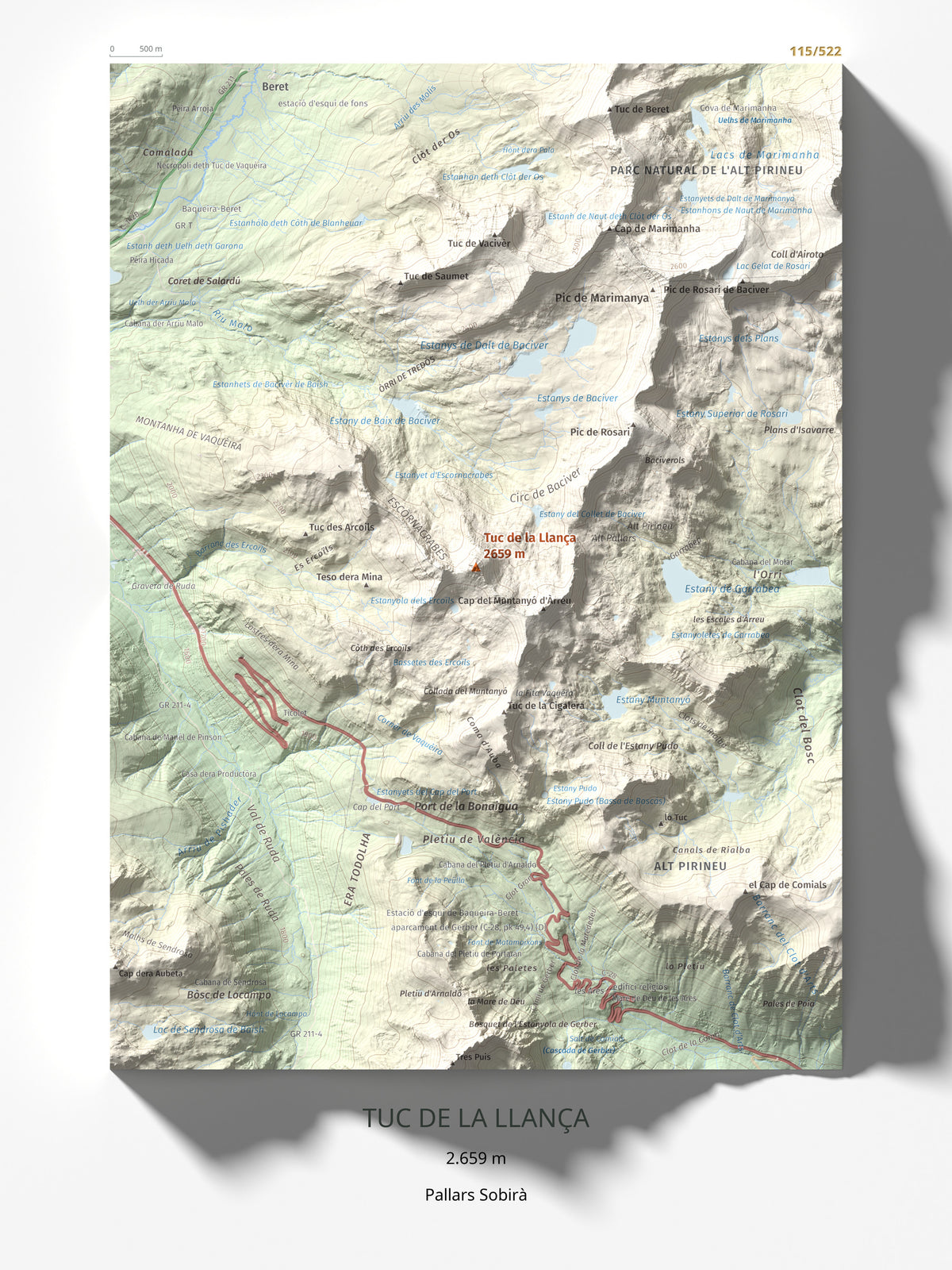 Mapa de relieve de Tuc de la Llança, 2659 m, Pallars Sobirà, lámina 100 Cims de Trobart 30 × 40 cm.