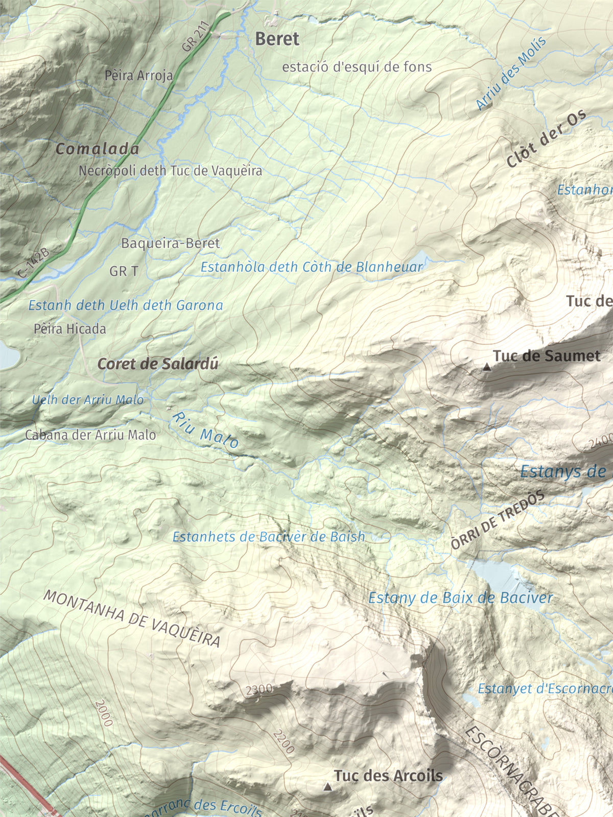 Mapa de relieve de Tuc de la Llança, 2659 m, Pallars Sobirà, lámina 100 Cims de Trobart. Detalle de la zona superior izquierda. 30 × 40 cm.