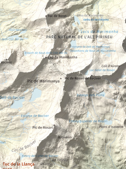 Mapa de relieve de Tuc de la Llança, 2659 m, Pallars Sobirà, lámina 100 Cims de Trobart. Detalle de la zona superior derecha. 30 × 40 cm.