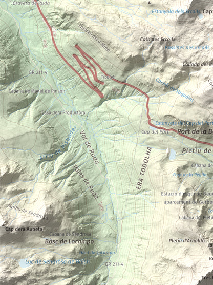 Mapa de relieve de Tuc de la Llança, 2659 m, Pallars Sobirà, lámina 100 Cims de Trobart. Detalle de la zona inferior izquierda. 30 × 40 cm.