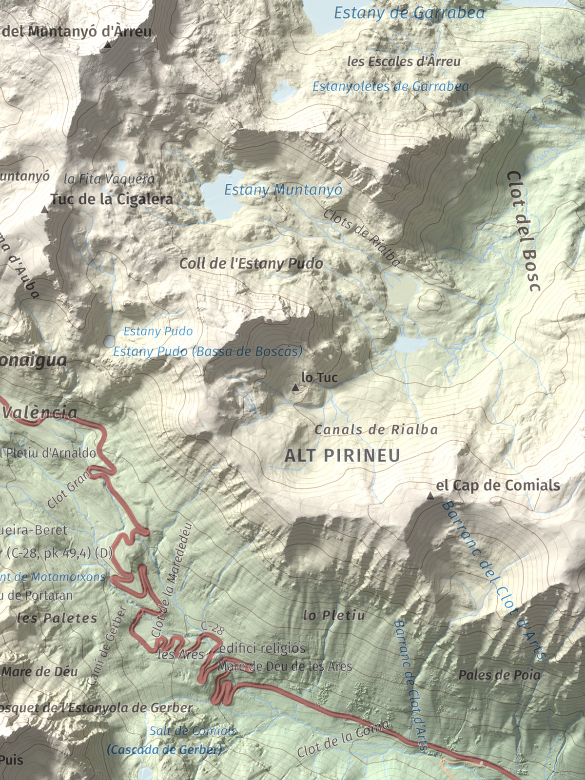Mapa de relieve de Tuc de la Llança, 2659 m, Pallars Sobirà, lámina 100 Cims de Trobart. Detalle de la zona inferior derecha. 30 × 40 cm.