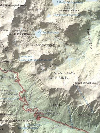 Mapa de relieve de Tuc de la Llança, 2659 m, Pallars Sobirà, lámina 100 Cims de Trobart. Detalle de la zona inferior derecha. 30 × 40 cm.