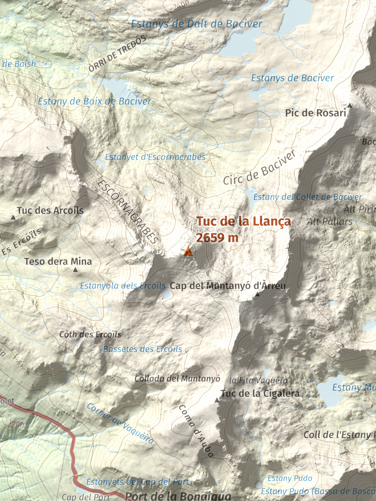 Mapa de relieve de Tuc de la Llança, 2659 m, Pallars Sobirà, lámina 100 Cims de Trobart. Detalle de la zona central. 30 × 40 cm.