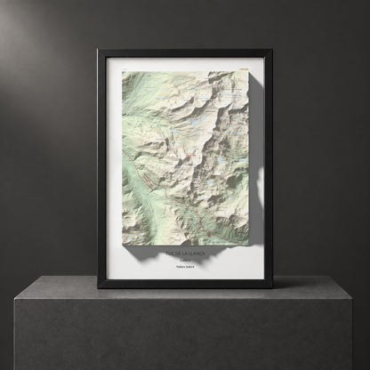 Mapa de relieve de Tuc de la Llança, 2659 m, Pallars Sobirà, lámina 100 Cims de Trobart. Presentación enmarcada. 50 × 70 cm.