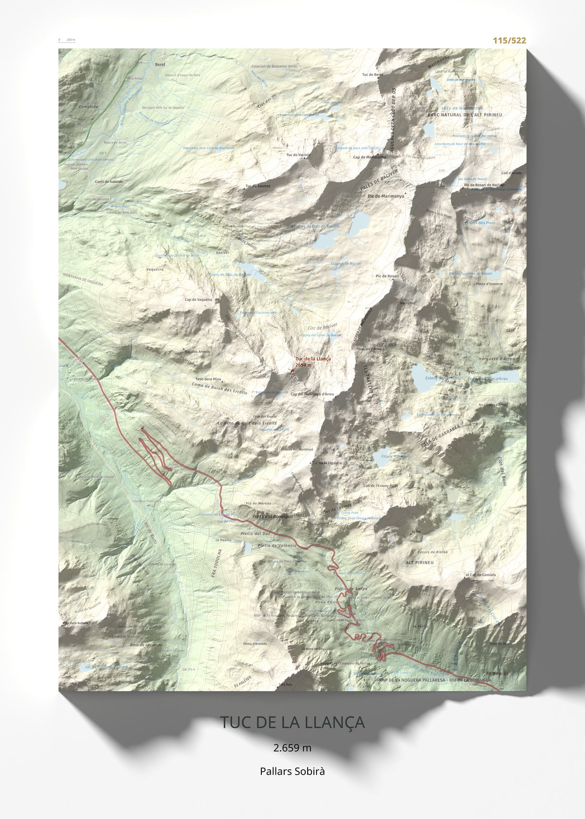 Mapa de relieve de Tuc de la Llança, 2659 m, Pallars Sobirà, lámina 100 Cims de Trobart 50 × 70 cm.