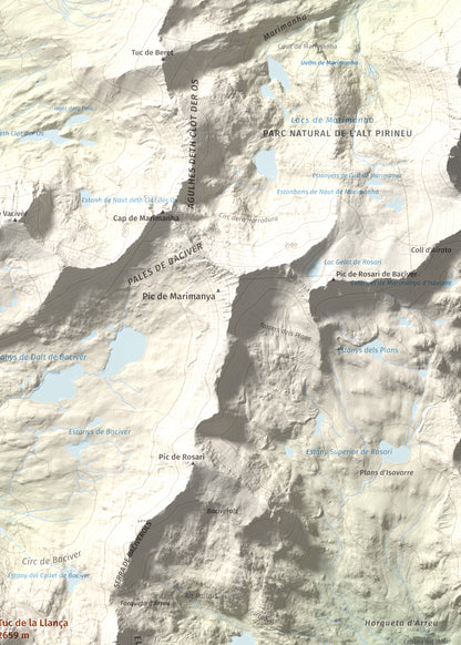 Mapa de relieve de Tuc de la Llança, 2659 m, Pallars Sobirà, lámina 100 Cims de Trobart. Detalle de la zona superior derecha. 50 × 70 cm.