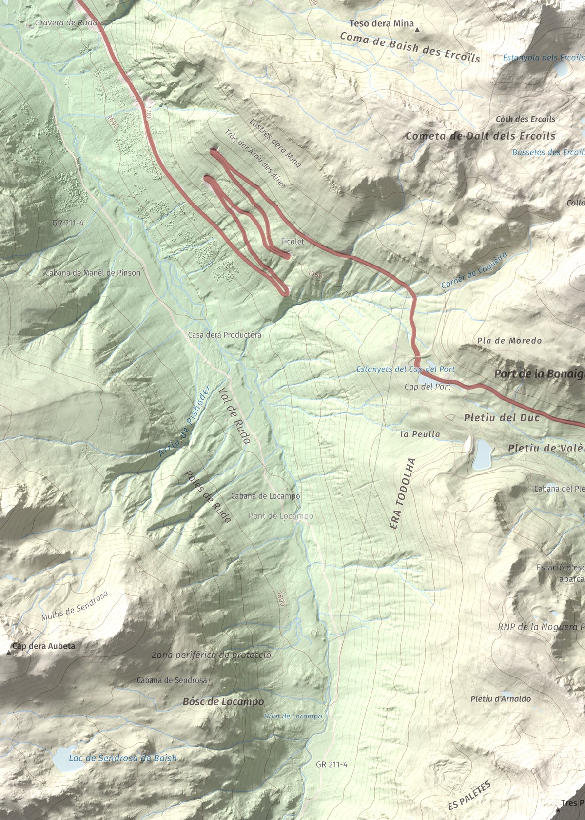 Mapa de relieve de Tuc de la Llança, 2659 m, Pallars Sobirà, lámina 100 Cims de Trobart. Detalle de la zona inferior izquierda. 50 × 70 cm.
