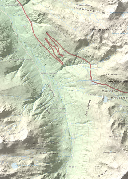 Mapa de relieve de Tuc de la Llança, 2659 m, Pallars Sobirà, lámina 100 Cims de Trobart. Detalle de la zona inferior izquierda. 50 × 70 cm.