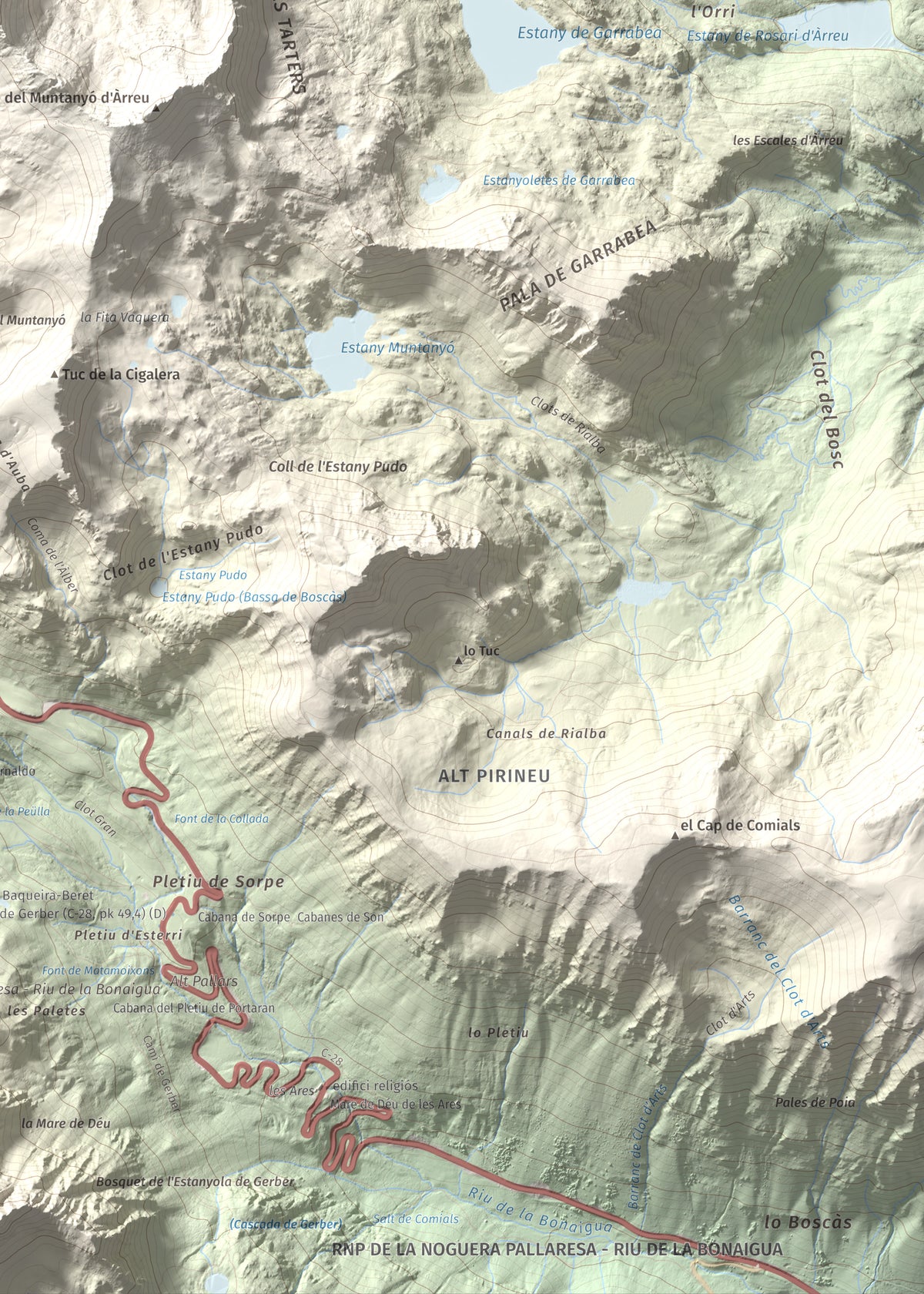 Mapa de relieve de Tuc de la Llança, 2659 m, Pallars Sobirà, lámina 100 Cims de Trobart. Detalle de la zona inferior derecha. 50 × 70 cm.