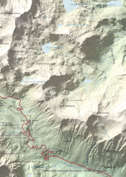Mapa de relieve de Tuc de la Llança, 2659 m, Pallars Sobirà, lámina 100 Cims de Trobart. Detalle de la zona inferior derecha. 50 × 70 cm.