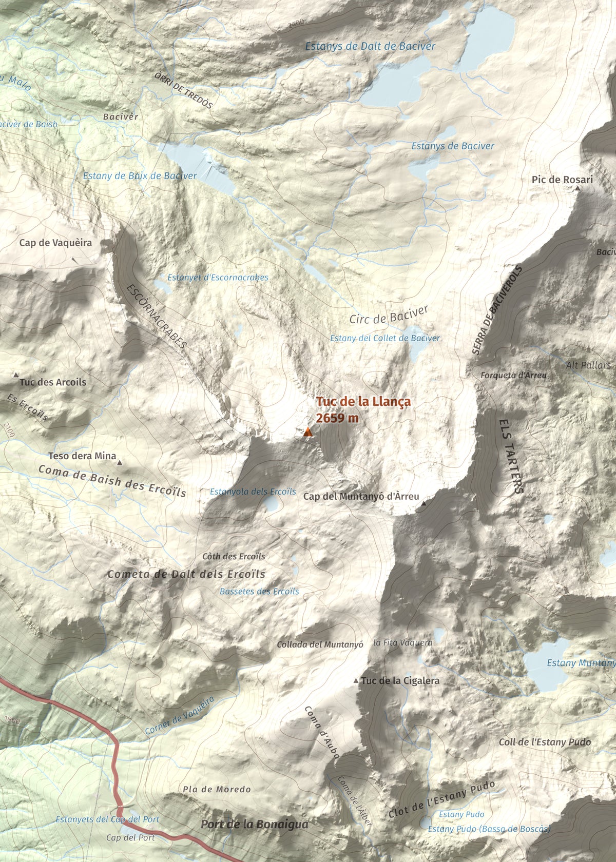 Mapa de relieve de Tuc de la Llança, 2659 m, Pallars Sobirà, lámina 100 Cims de Trobart. Detalle de la zona central. 50 × 70 cm.