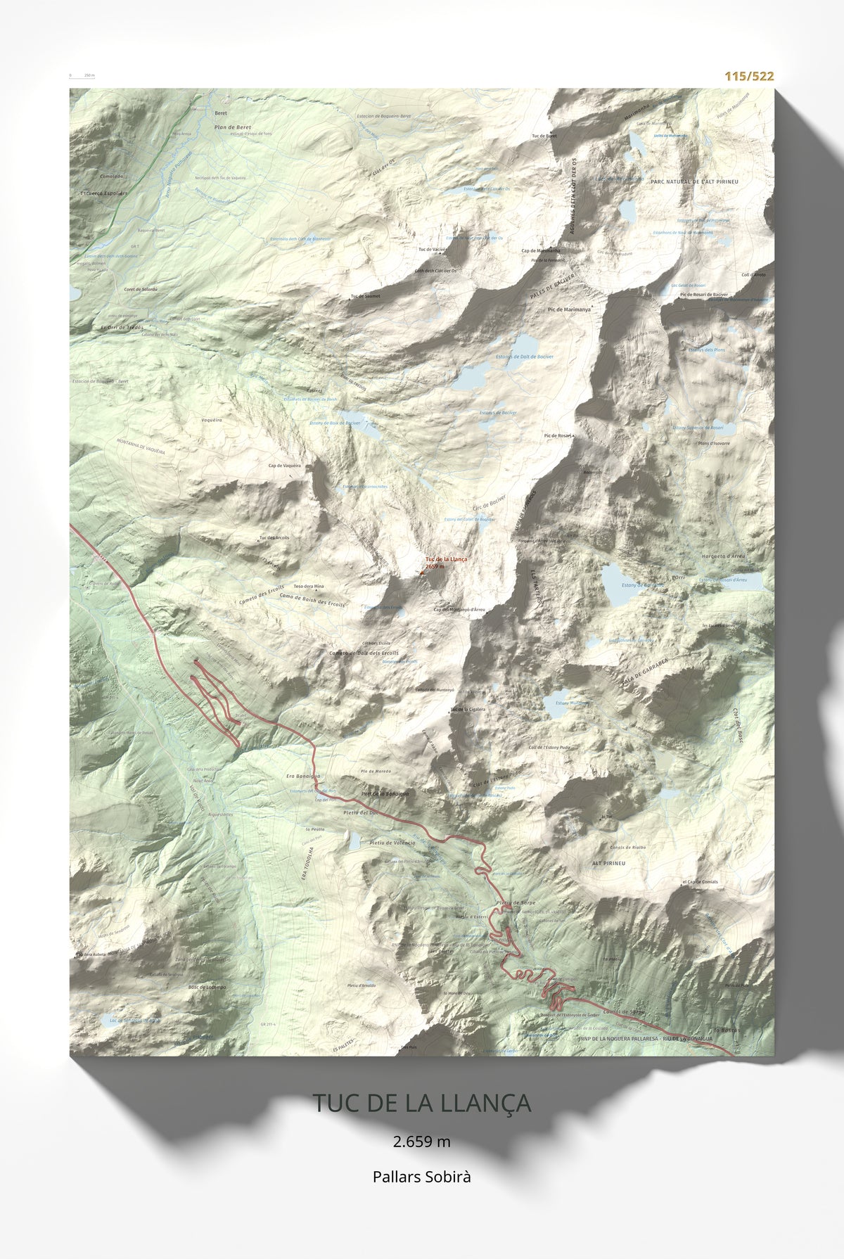 Mapa de relieve de Tuc de la Llança, 2659 m, Pallars Sobirà, lámina 100 Cims de Trobart 61 × 91 cm.